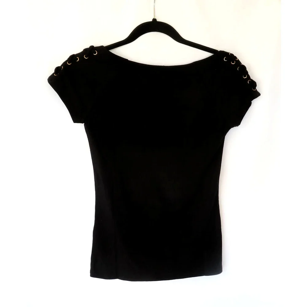 Nwt BEBE Black Logo Top Shirt w/ Gold Rhinestone Women Sz M - Picture 6 of 7